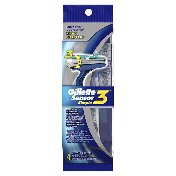 Gillette Sensor 3 Simple Men’s Razors 4 Count – Easy Grip Triple Blade Shaver - Picture 1 of 3